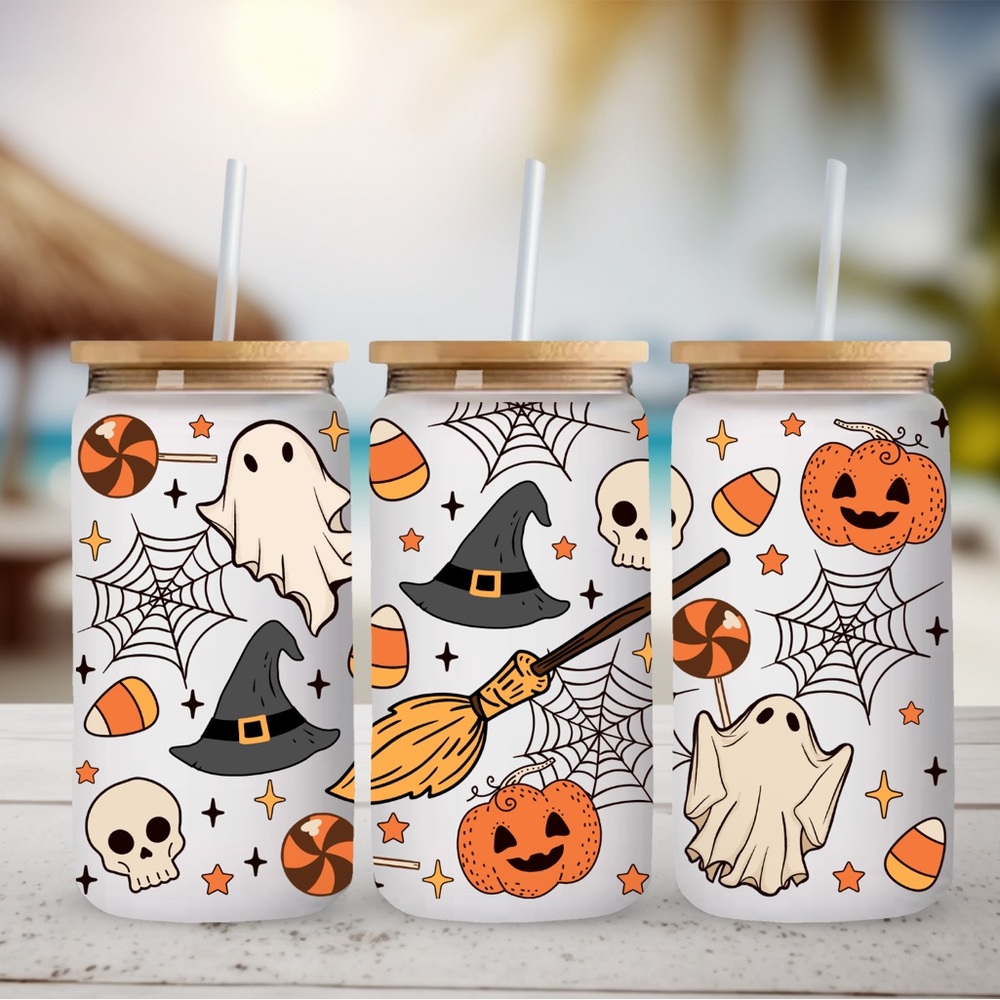 16oz halloween glass can w/ bamboo lid